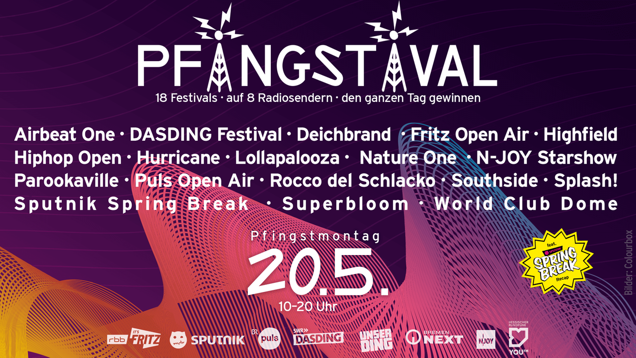 Pfingstival, Bild mit einer Liste der 18 Festivals, die auf 8 Radiostationen laufen, Senderlogos