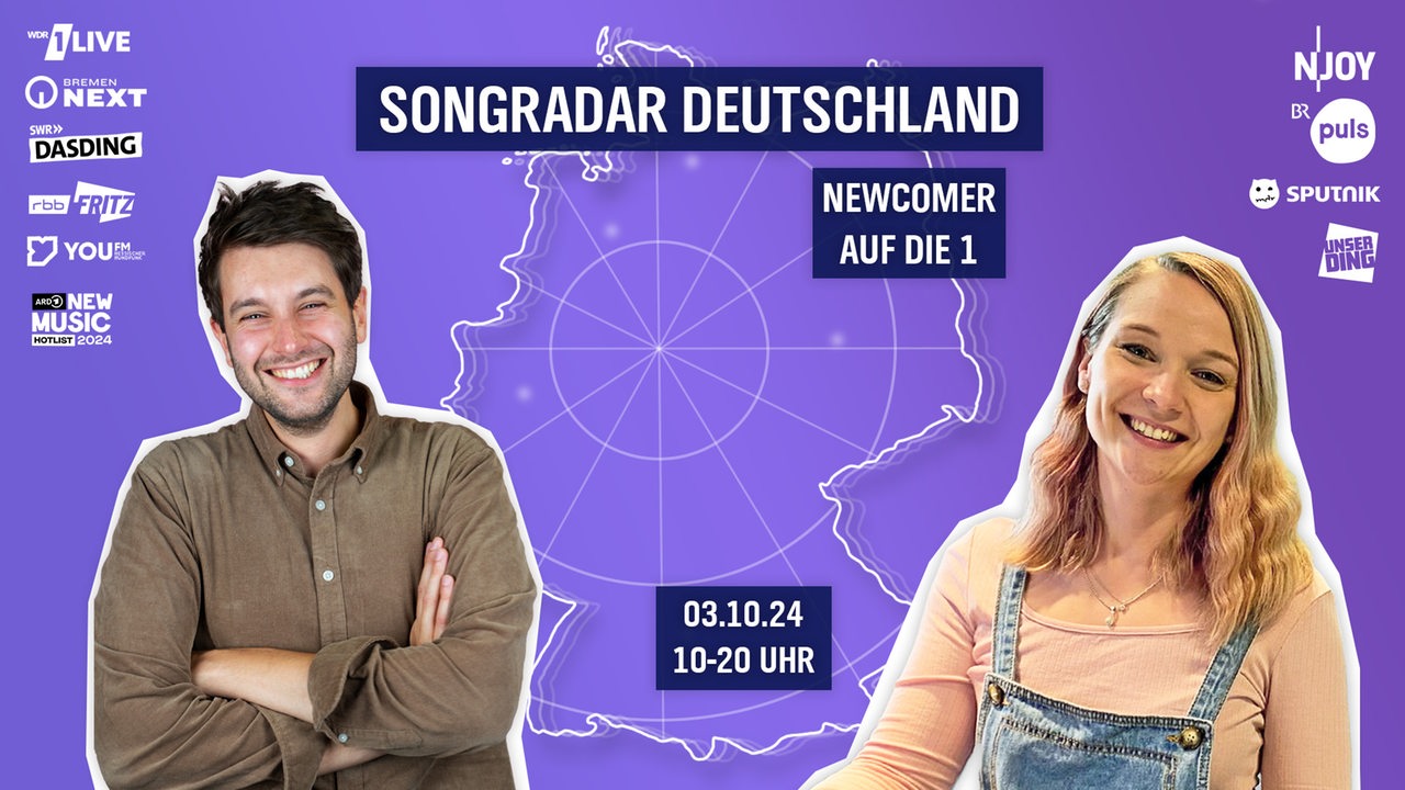 songradar mit Alex Franz und Sabine Lebek und Logos der teilnehmenden Rundfunkanstalten